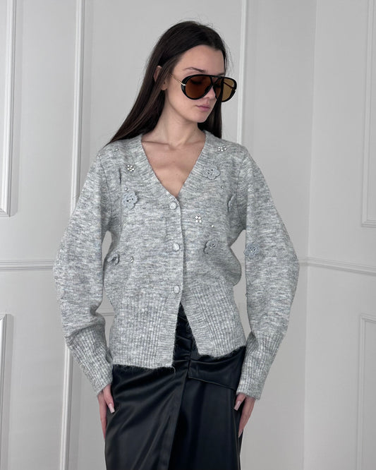 I9501 - BREND CARDIGAN CON FIORI E STRASS IN RILIEVO