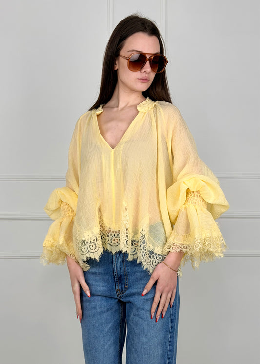 S26C539 - BLUSA CON PIZZO TESSUTO GOFFRATO