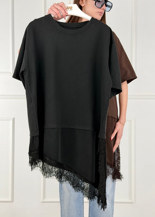 3316 - T-SHIRT CON INSERTI ASIMMETRICI IN PIZZO