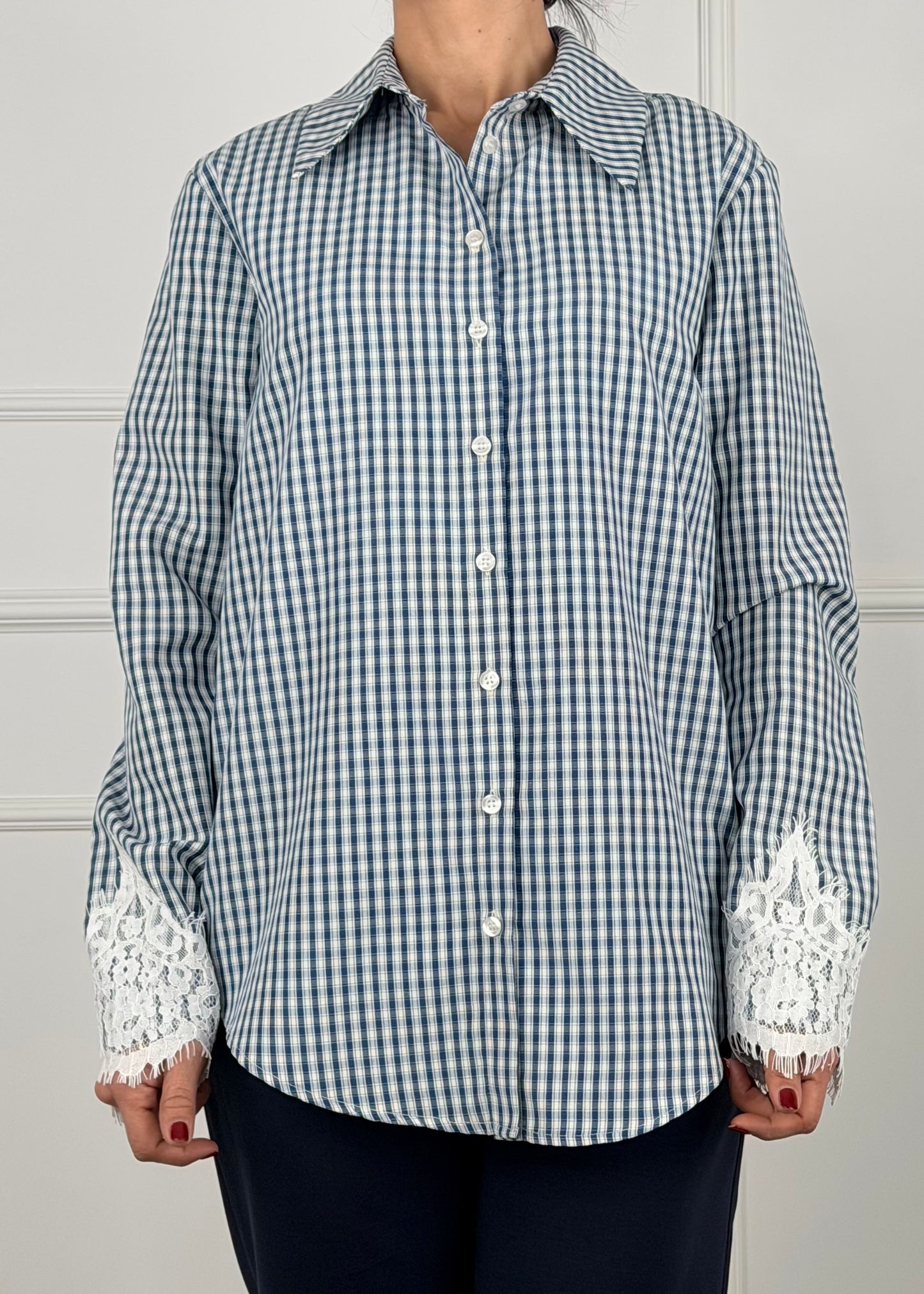 E55972 - CAMICIA CHECK MANICA PIZZO