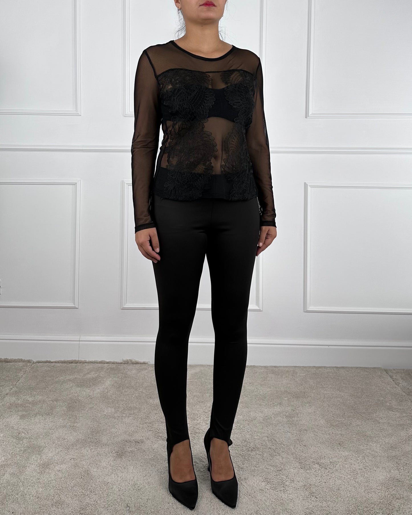 F63204 - F63204 MAGLIA IN TULLE CON INSERTI IN PIZZO