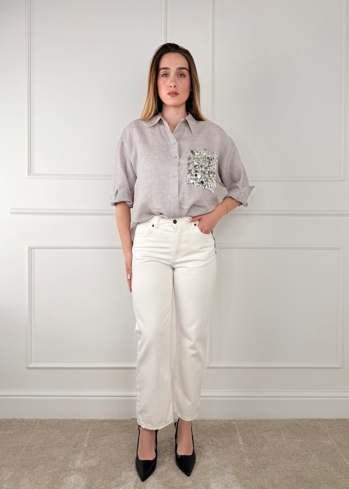 S26CE15 - TENSIONE IN CAMICIA IN LINO TASCHINO CON PAILLETTES