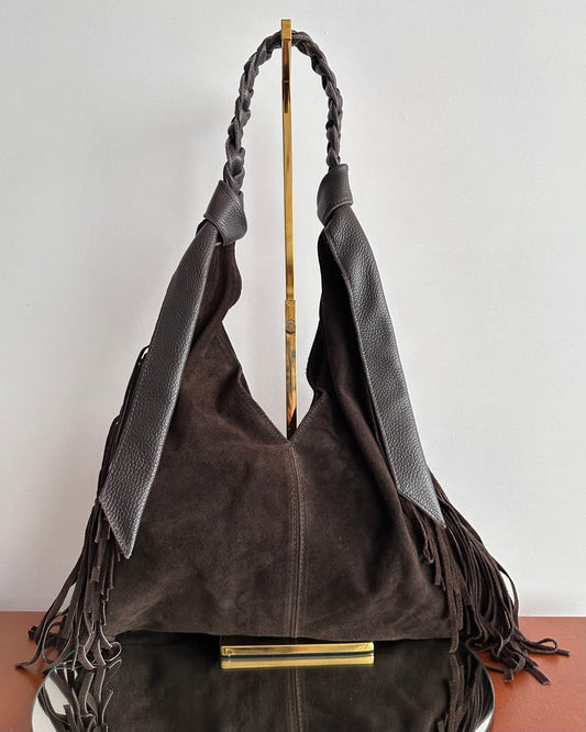 BRS5759 - BORSA VERA PELLE SCAMOSCIATA CON FRANGE