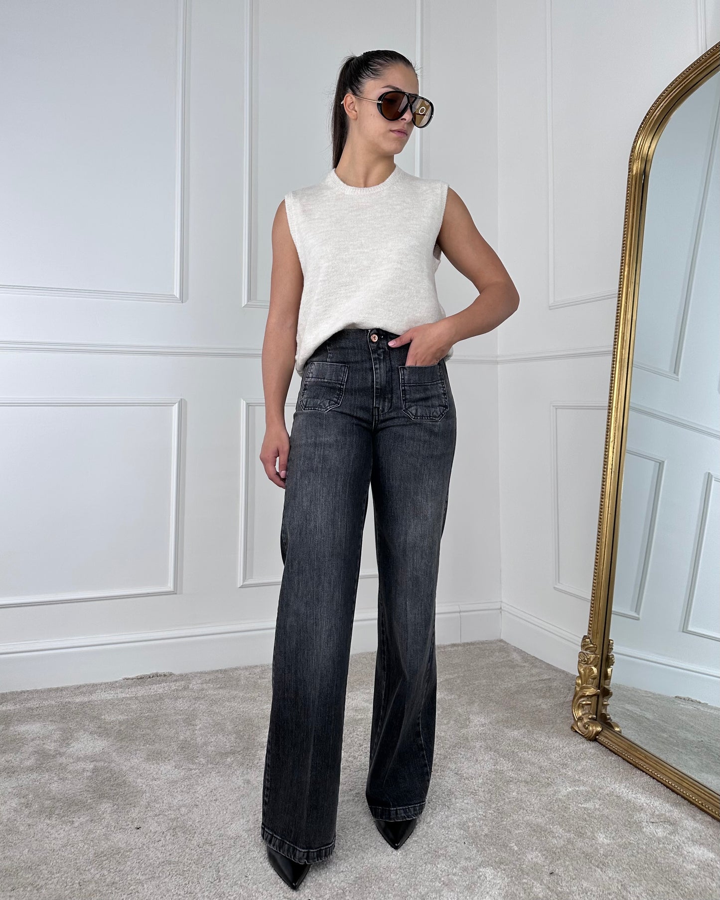 CJ12710 - TENSIONE IN DENIM NERO TASCHINI SUL DAVANTI