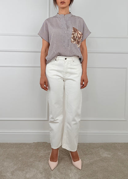 XU1580 - TENSIONE IN CAMICIA RIGHE DETTAGLIO TASCHINO PAILLETTES