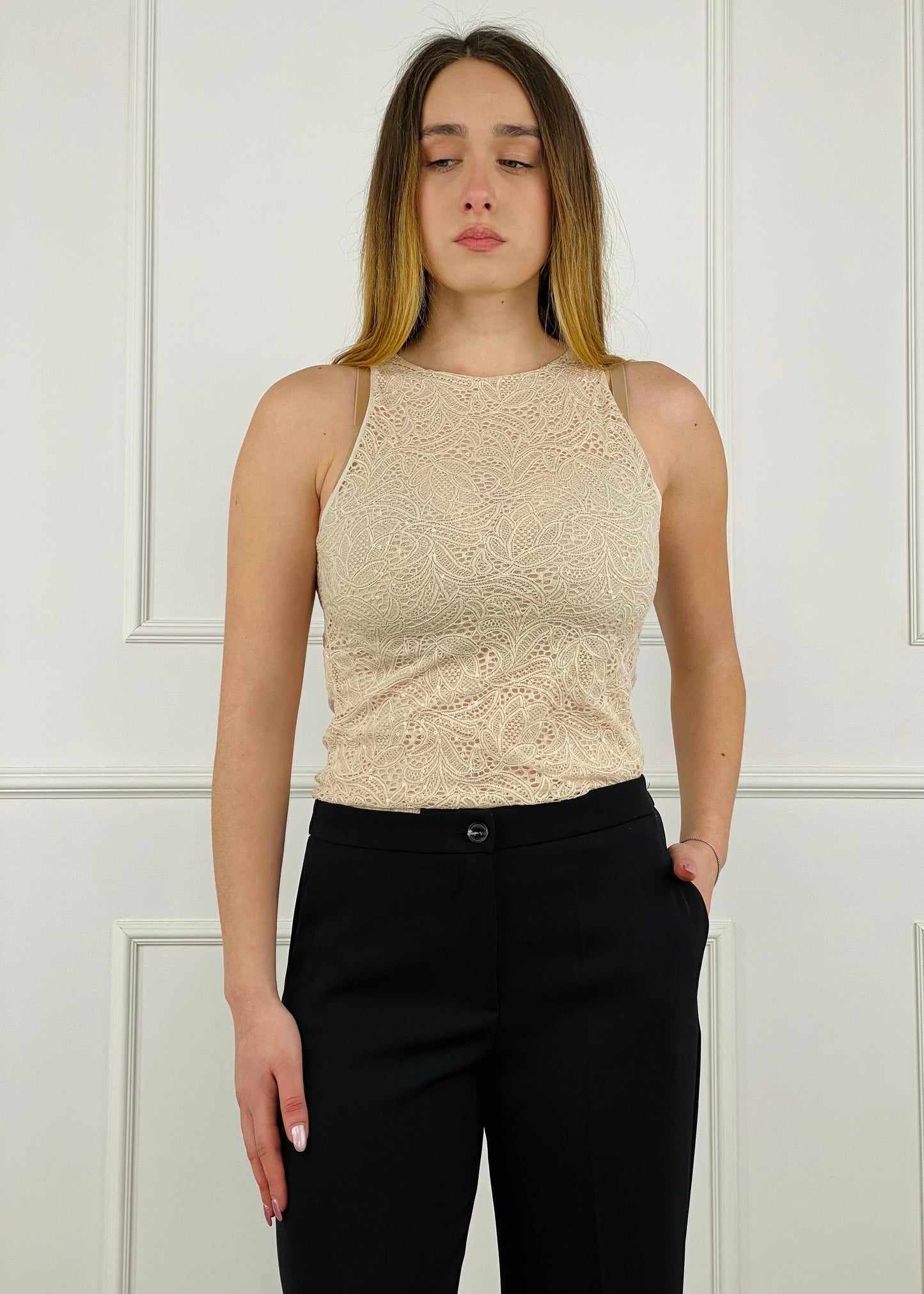 OG330105 - MY-D TOP IN PIZZO CON MICRO PAILLETTES TRASPARENTI
