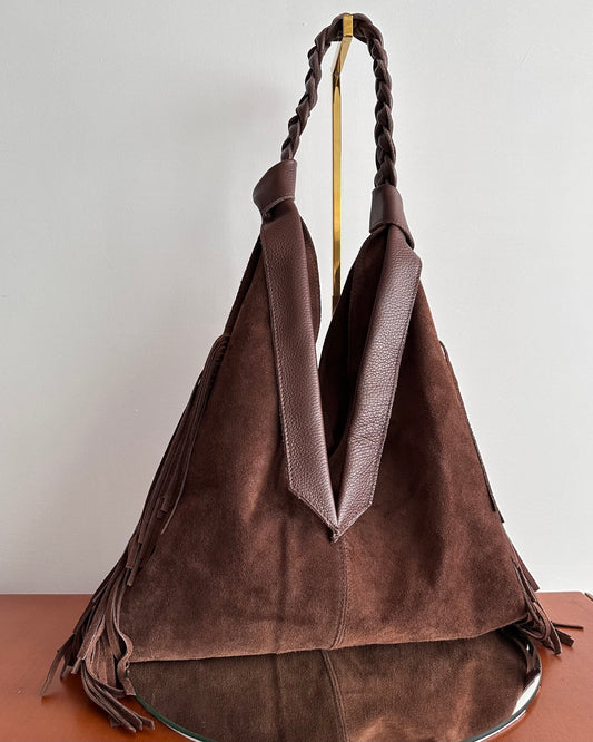 BRS5759 - BORSA VERA PELLE SCAMOSCIATA CON FRANGE