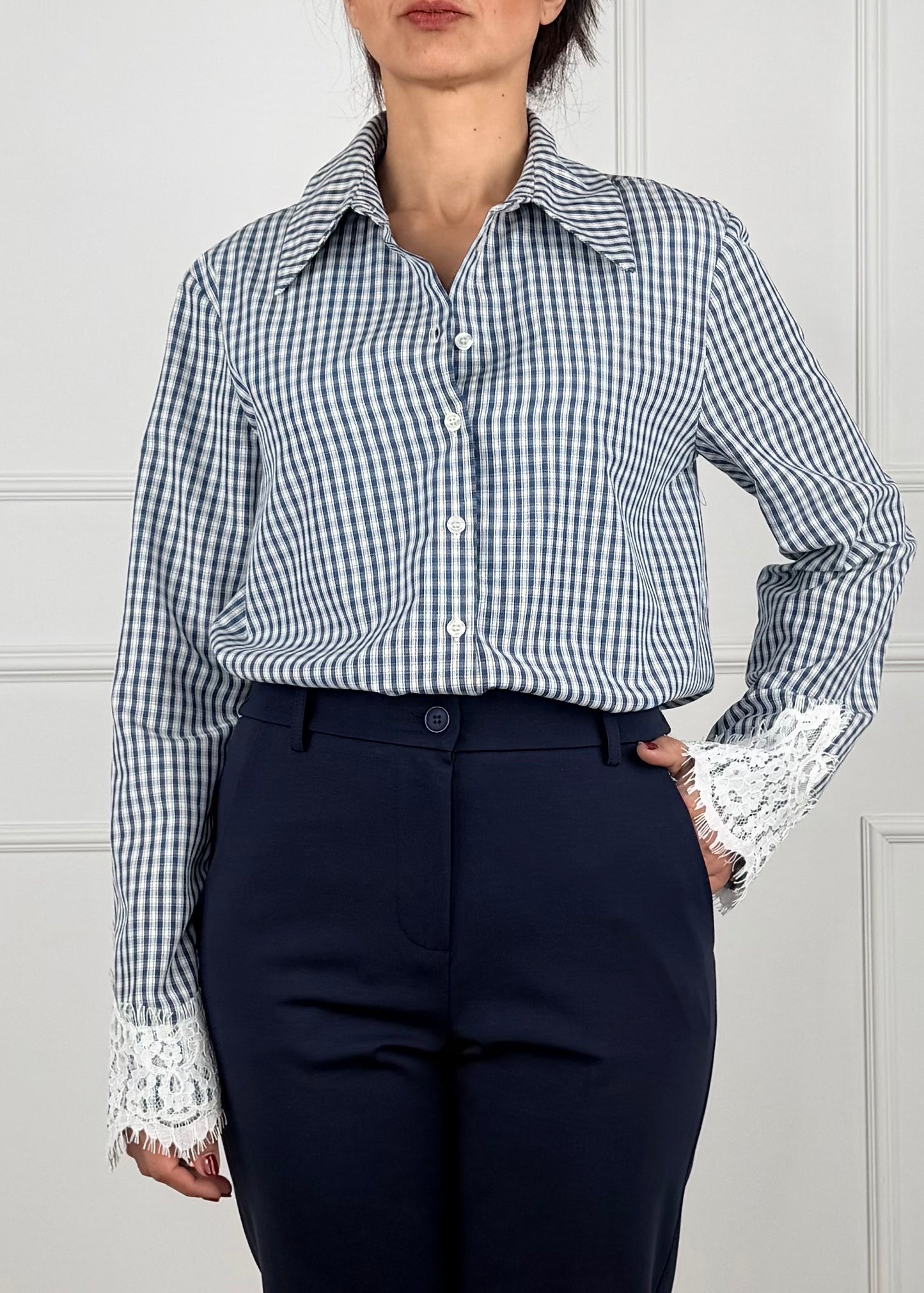 E55972 - CAMICIA CHECK MANICA PIZZO