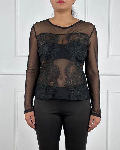 F63204 - F63204 MAGLIA IN TULLE CON INSERTI IN PIZZO